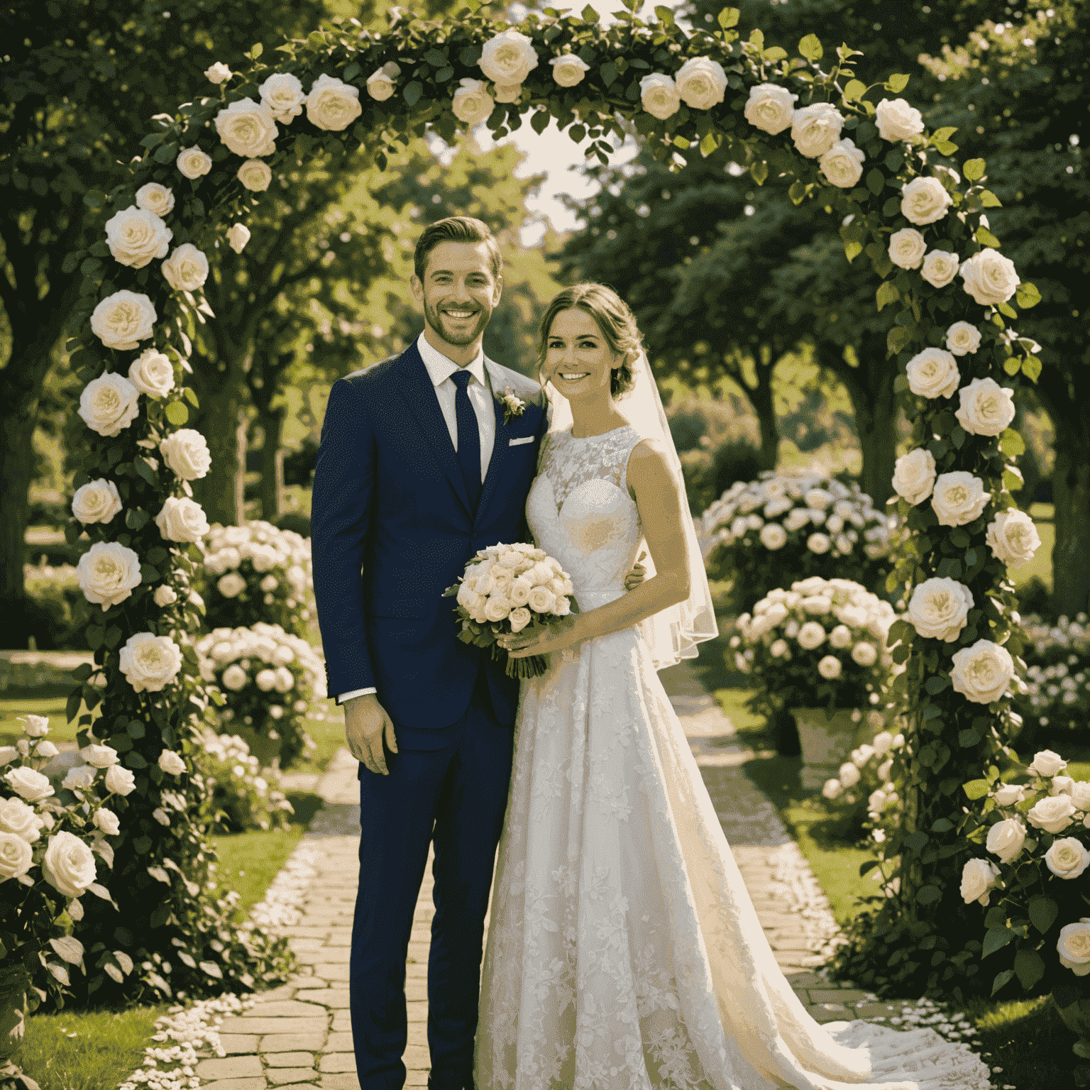Sarah and John smiling together on their wedding day, Sarah in a white lace dress and John in a navy suit, standing in front of a rose-covered arch
