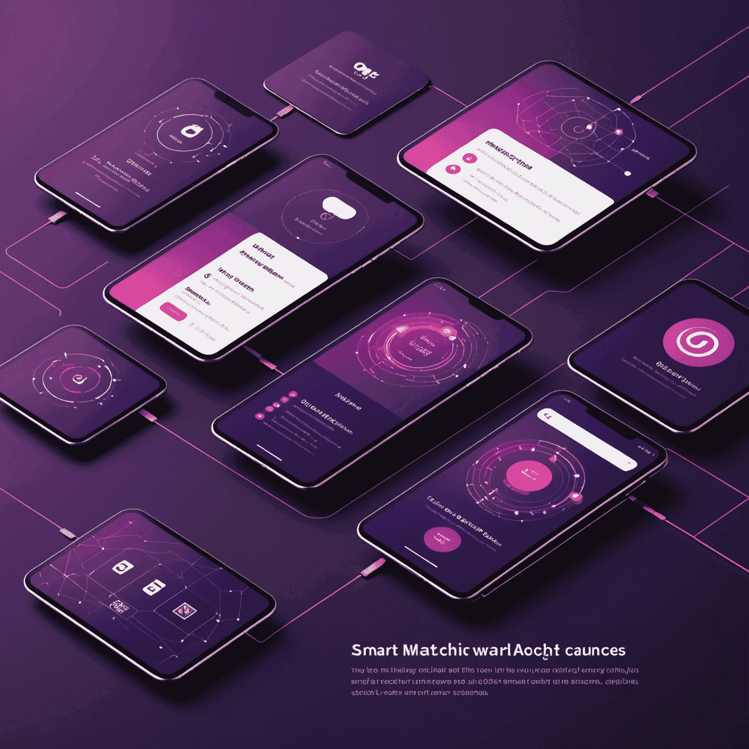 Illustration of the Smart Matching process showing profile cards being analyzed and connected based on compatibility factors. The image uses a deep purple background with glowing pink highlights to represent the matching algorithm at work.