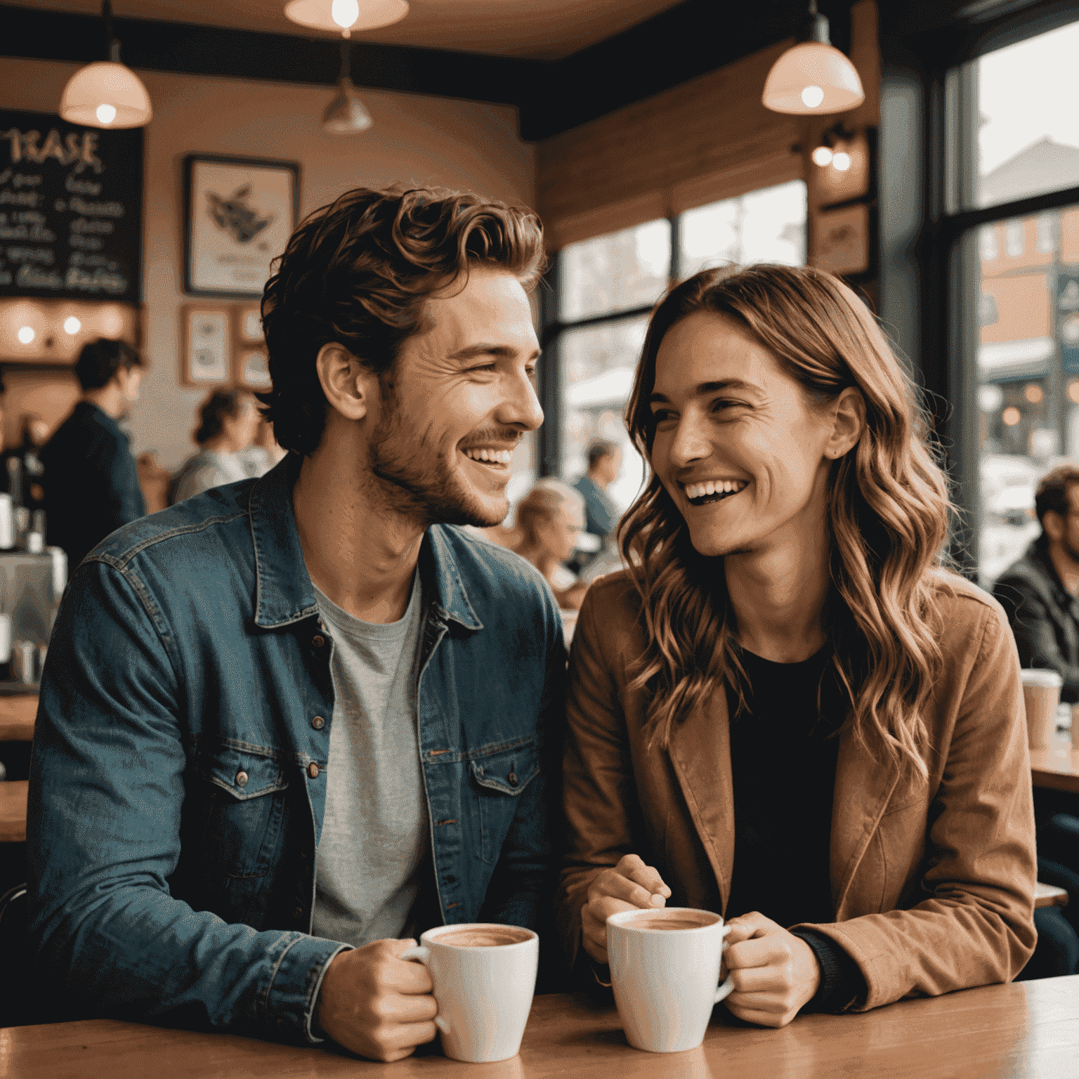 Emily and Michael laughing together at a coffee shop, both holding cups of coffee and looking into each other's eyes