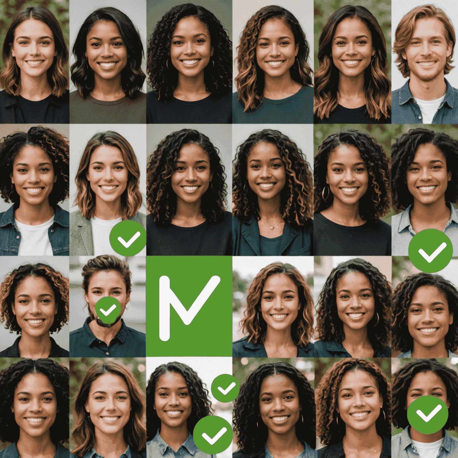 A collage of verified user photos with green checkmarks, showcasing TrueMatch USA's photo authentication process