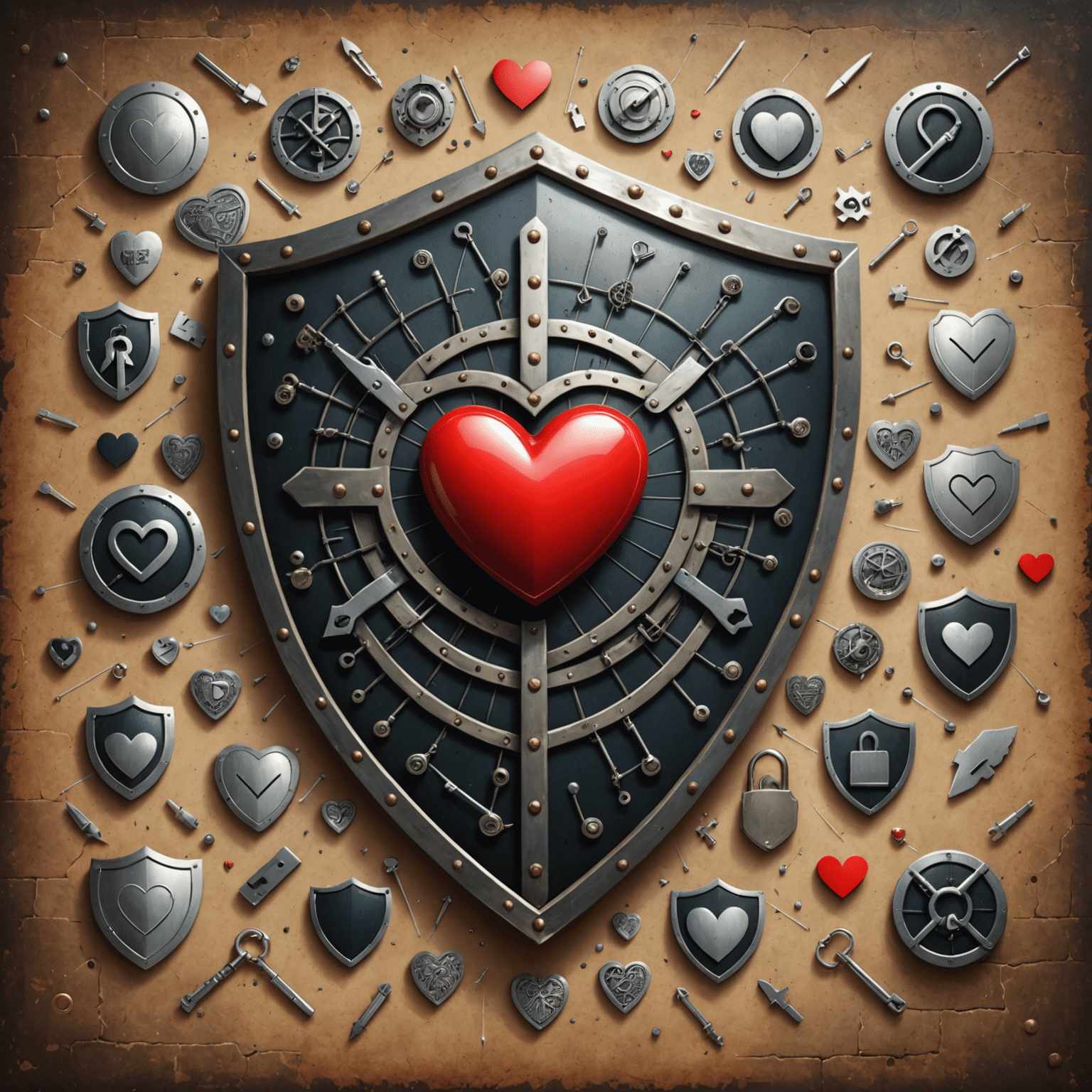 Illustration of a shield with a heart inside, surrounded by security symbols like locks and checkmarks, representing online dating safety