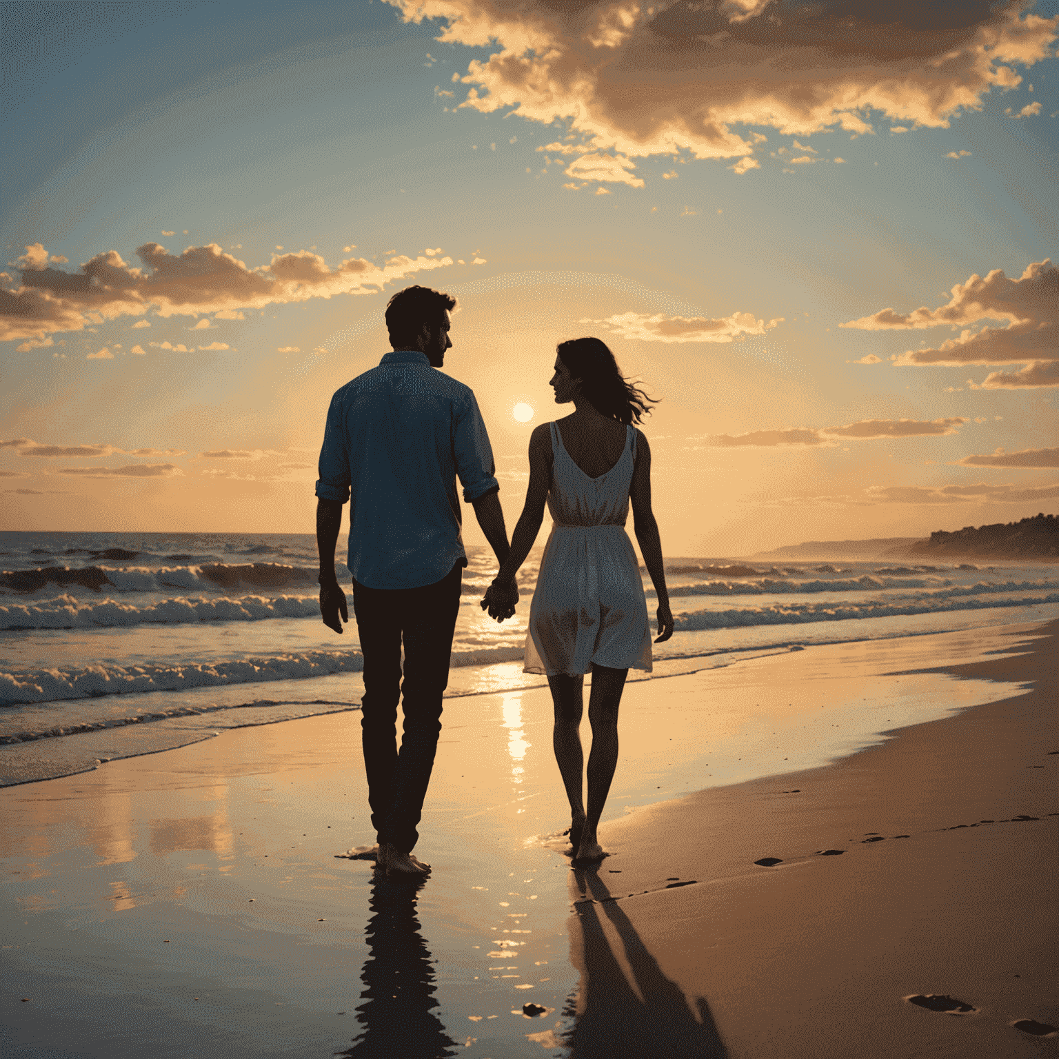 David and Lisa on a beach at sunset, holding hands and walking along the shoreline