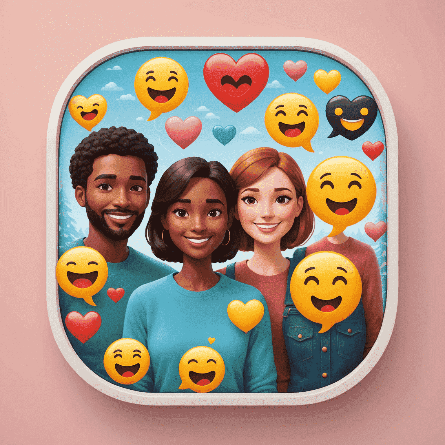 Illustration of a romantic chat interface with emojis, video call option, and icebreakers