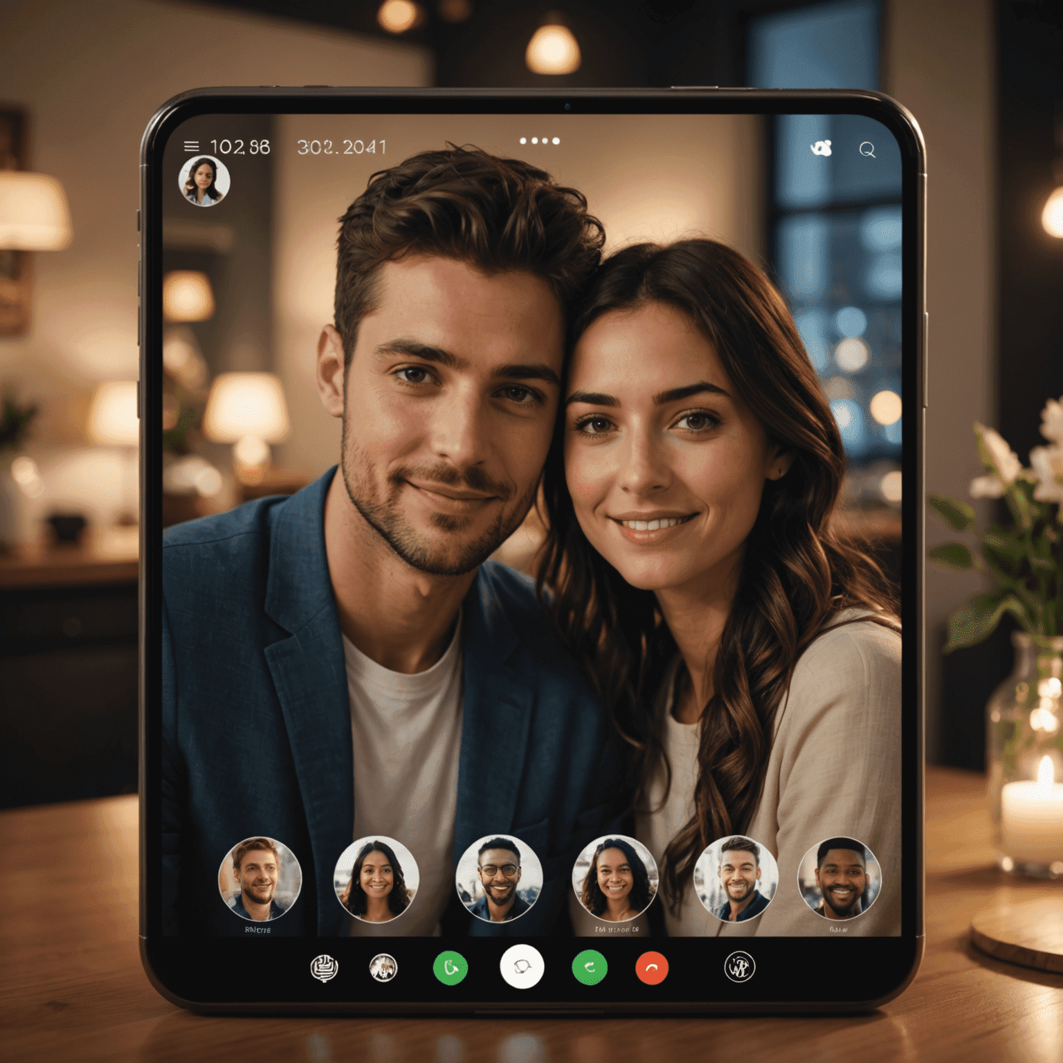 Video call interface showing two TrueMatch users having a virtual date, with romantic lighting and effects