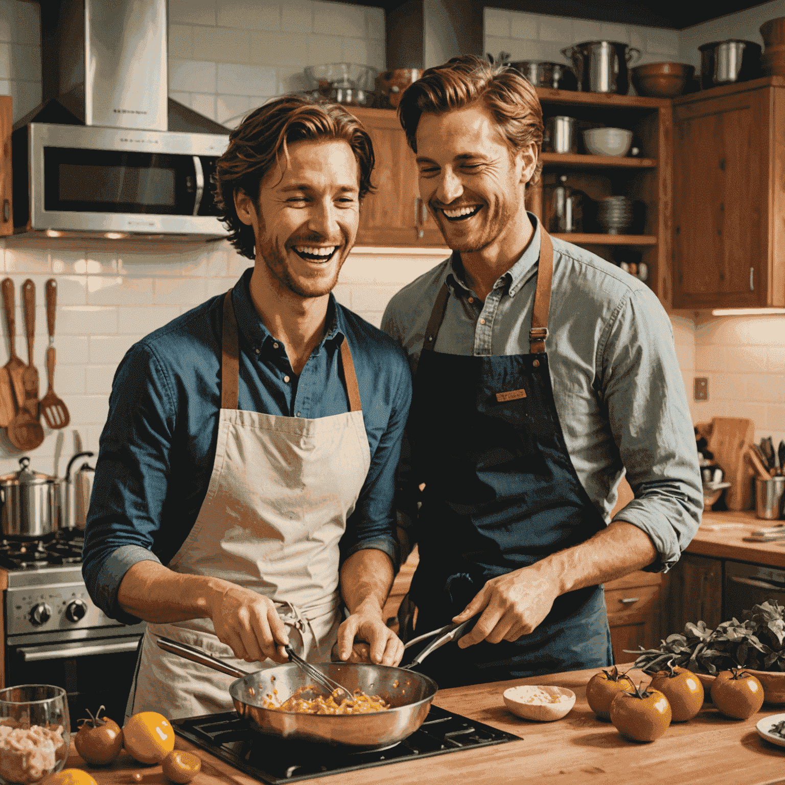 Alex and Sam cooking together in a kitchen, laughing as they prepare a meal side by side