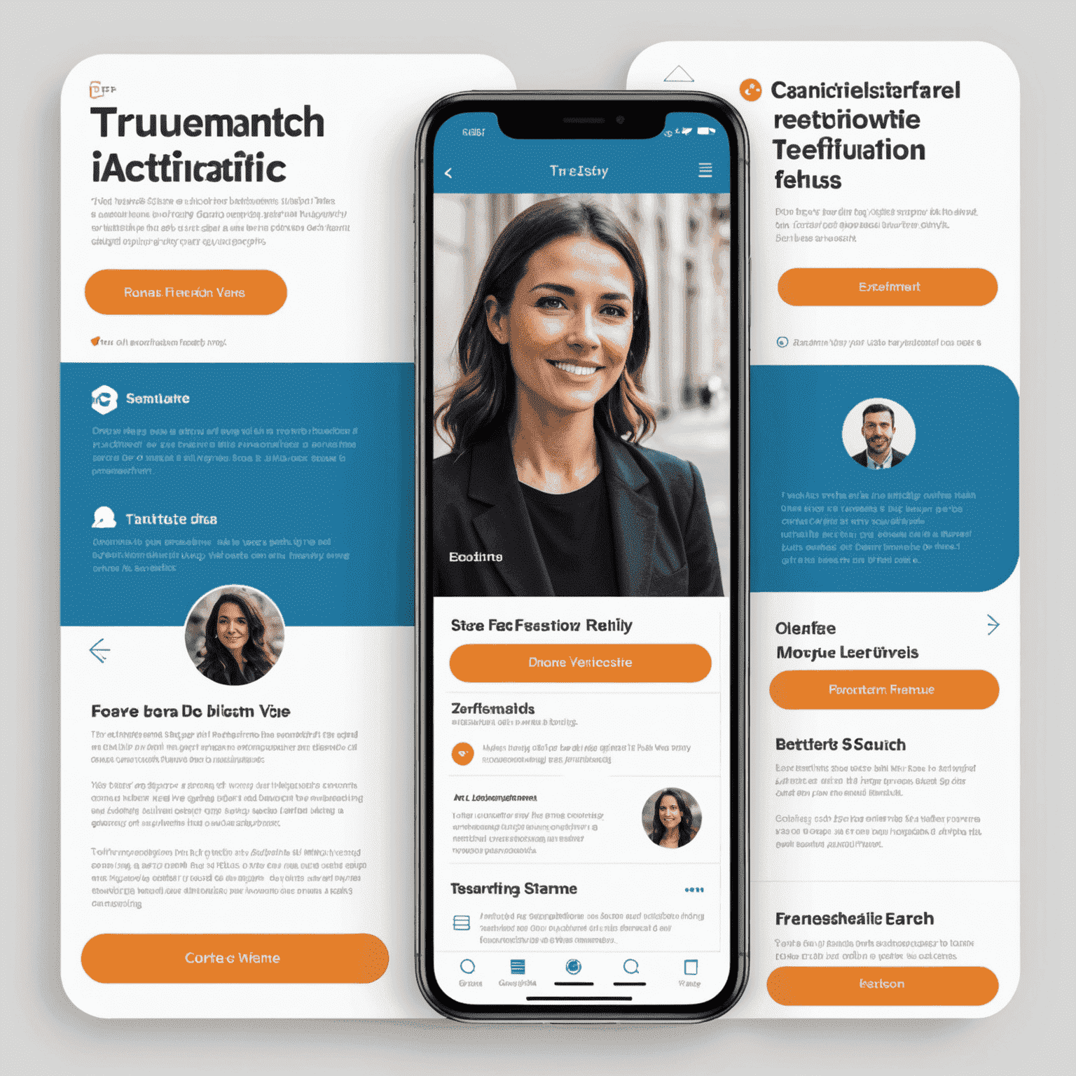 Infographic showing TrueMatch's safety features: profile verification, photo authentication, and safety tips